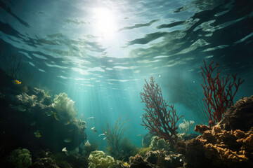 Fototapeta na wymiar underwater view of a coral reef. Sun rays passing through water