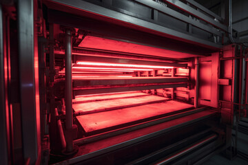 Industrial oven with glowing red coils heating up a metal component in a manufacturing plant - obrazy, fototapety, plakaty