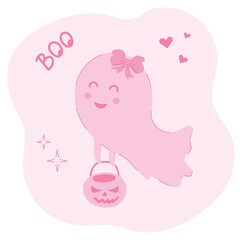 Cute vector illustration with pink ghost and pumpkin. Halloween in pink style. Cute ghost with hearts, buu lettering and pumpkin