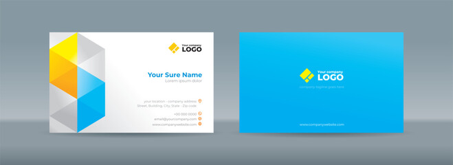 Set of double sided business card templates with blue and yellow triangles arranged on white and blue background