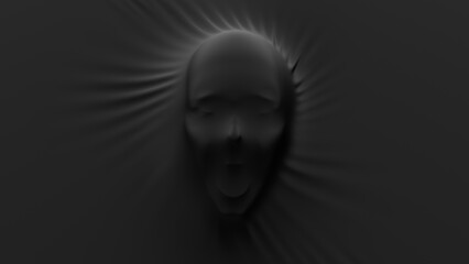 Abstract spooky face. Black horror background. Scary mannequin. 3d rendering