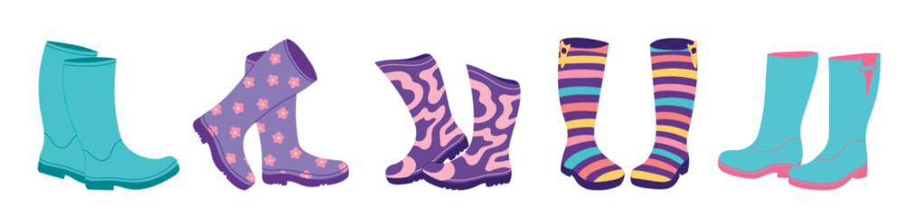 Different colors rain boots collection. Rubber boots autumn concept. Set of gumboots on a white background. Autumn footwear. Vector illustration