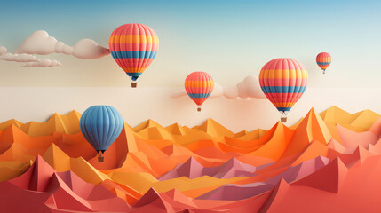 Fototapeta premium Paper Art of colorful natural landscape view with hot balloon in the air