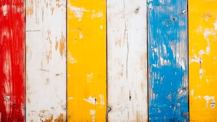 Vintage-Holzbrettern in den Farben Weiß, Rot, Gelb und Blau. Generiert mit KI