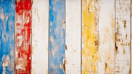 Vintage-Holzbrettern in den Farben Weiß, Rot, Gelb und Blau. Generiert mit KI