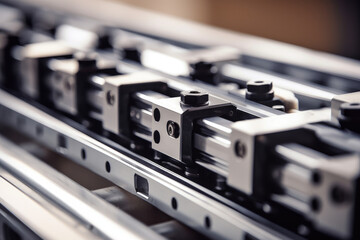 Macro shot of linear guides in a factory setting, highlighting their precision and durability