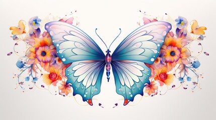  a blue butterfly with orange and pink flowers on it's wings.  generative ai
