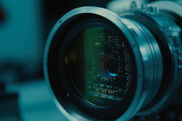 Macro shot of machine vision camera lens capturing intricate circuitry details in high-tech factory