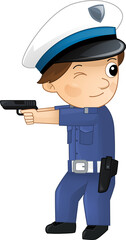 Cartoon character policeman boy at work isolated illustration for children