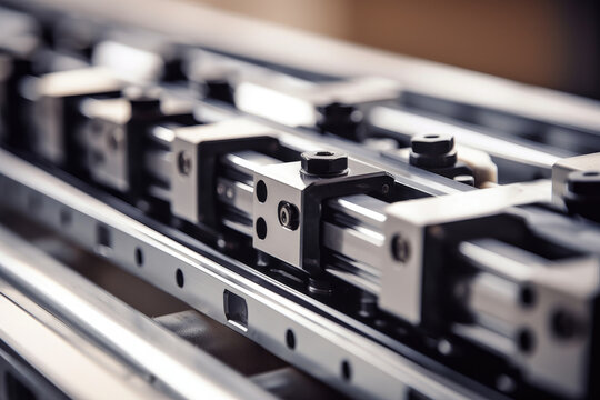 Macro shot of linear guides in a factory setting, highlighting their precision and durability