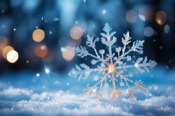 Beautiful snowflake on snow, outdoor against the backdrop of blurry Christmas lights.