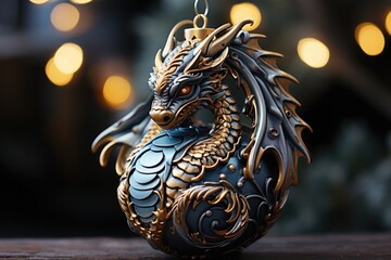 Christmas tree decoration in the form of a dragon blue and gold on a blurred background