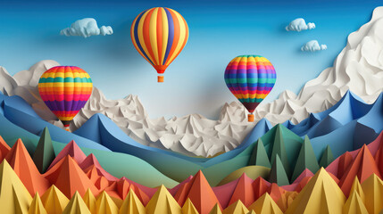 Paper Art of colorful natural landscape view with hot balloon in the air