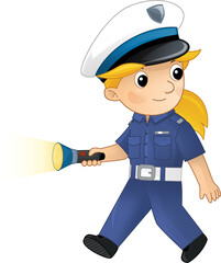 Cartoon character policeman girl at work isolated illustration for children