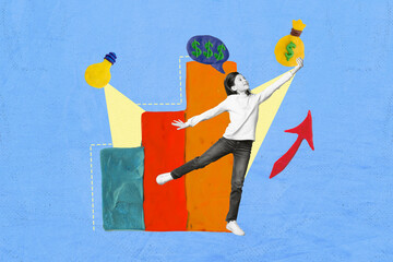 Collage picture artwork sketch of positive smart clever girl show graphic financial growth study...