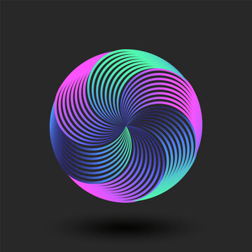 Spiral sectors vortex form logo round geometric shape, colorful circle from vibrant gradient, thin parallel lines circular weaving pattern.