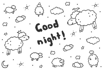 Doodle sleepy vector icon set. Good night hand drawn elements. Sheep, lamp, stars, moon, lettering. Kids bedtime. Best using for children theme