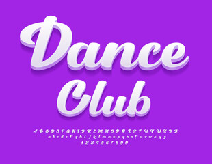 Vector entertainment logo Dance Club with cursive Font. White artistic Alphabet Letters and Numbers set