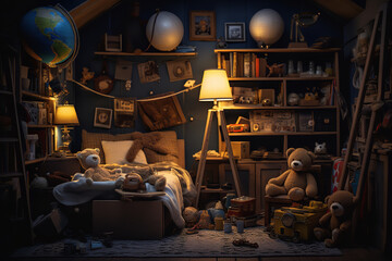 A child's bedroom transforms under moonlight as toys spring to life, recreating a world of endless imagination and playful adventures