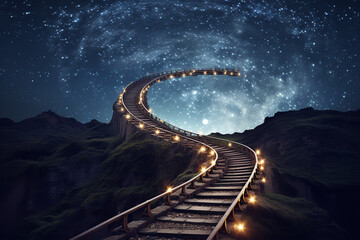 Train tracks daringly spiral upwards, leading into an endless starry abyss, journeying into the depths of imagination's mysteries