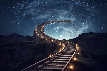 Lichtdoorlatende gordijnen Helix Bridge Train tracks daringly spiral upwards, leading into an endless starry abyss, journeying into the depths of imagination's mysteries