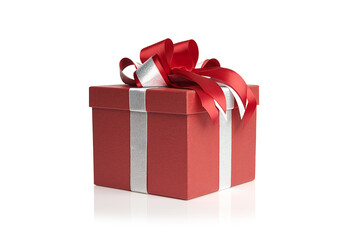 Red gift box with silver ribbon and red bow on white background,