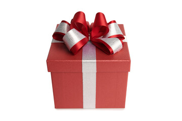 Red gift box with silver ribbon and red bow on white background,