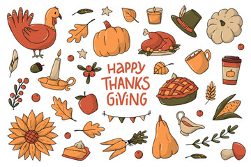 set of Thanksgiving doodles, clip art, cartoon elements isolated on white background for stickers, prints, cards, sublimations, magnets, planners, stationary, etc. EPS 10