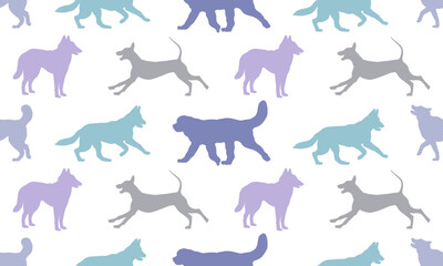 Seamless pattern. Silhouette dogs different breeds in various poses. Isolated on a white background. Endless texture. Design for fabric, decor, wallpaper. Vector illustration.