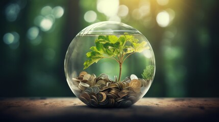 Plant growing out of coins. ESG investment. - obrazy, fototapety, plakaty