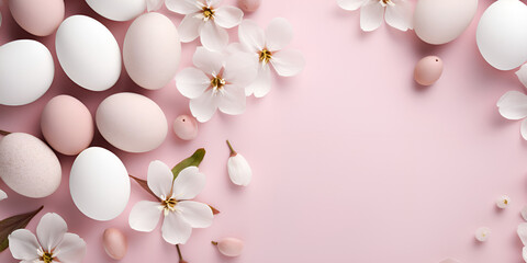Fototapeta na wymiar Top view photo of easter decorations lilac pink and white easter eggs on isolated pastel pink background with empty space