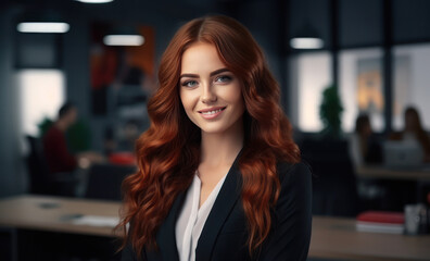 Smiling redhead woman in a suit in the office. AI generative.