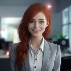 Woman redhead smiling in a suit in the office, businesswoman. Square photo. AI generative.