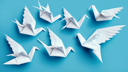 Origami birds are flying, overhead top view. White origami birds isolated on pastel blue background.