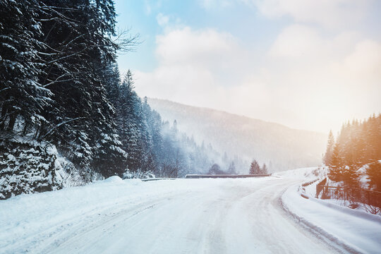 Sunny Forest Road Amidst White Snow. Snowy winter road through a fairy tale snowy landscape on a sunny winter day