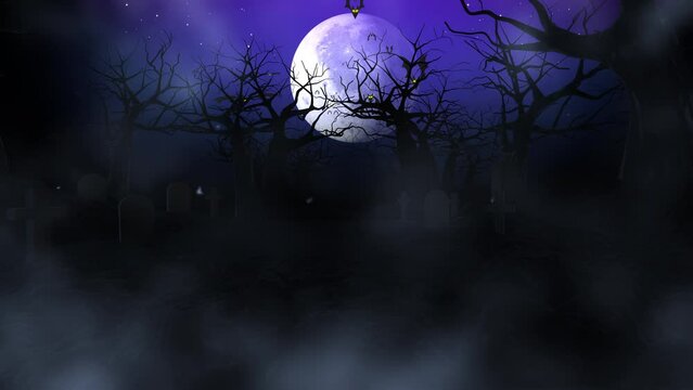 Halloween event with dark forest and fog, smoke,  Flying bats animation and moon night on the background, 4K Loop