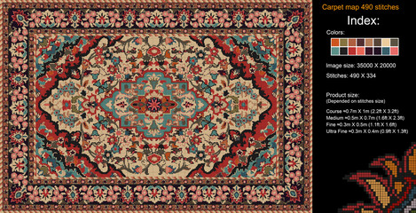 ¬¬Colorful carpet pattern for knitting cross stitch, carpet, rug, fabric, knitting, etc., with mosaic squares and grid guidelines. 490 stitches. Read the index to learn the details.