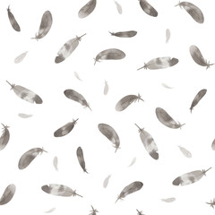 Watercolor pattern with black feathers. Seamless hand-drawn texture with flying feathers.