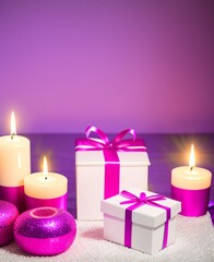 Obraz na płótnie Canvas Christmas decoration with candles, gift boxes and pink balls on purple background Generative AI