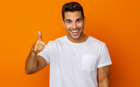 Smiling young man poses with thumb up isolated over orange background
