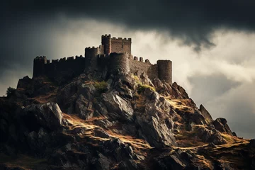Photo sur Aluminium Noir Perched on a hill, an enduring fortress stands resilient through time and the elements, mirroring the concept of lasting strength and fortitude