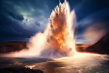 With a formidable eruption, a geyser displays nature's explosive power, raw energy, and the unpredictability of the Earth's forces - obrazy, fototapety, plakaty