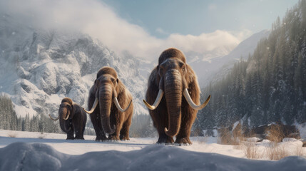 A trio of woolly mammoths trudges over snow covered hills. Behind them, mountains with snow covered peaks rise above dark green forests of fir trees. elephant mammoth. Generative Ai - obrazy, fototapety, plakaty