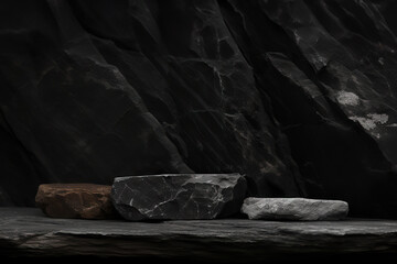 Natural Stone Product Showcase: Display Shelf with Textured Platform and Blurred Ancient Stone Background. created with Generative AI