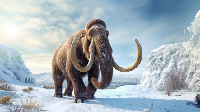 A prehistoric mammoth in ice age. elephant mammoth. Generative Ai