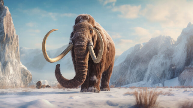 A prehistoric mammoth in ice age. elephant mammoth. Generative Ai