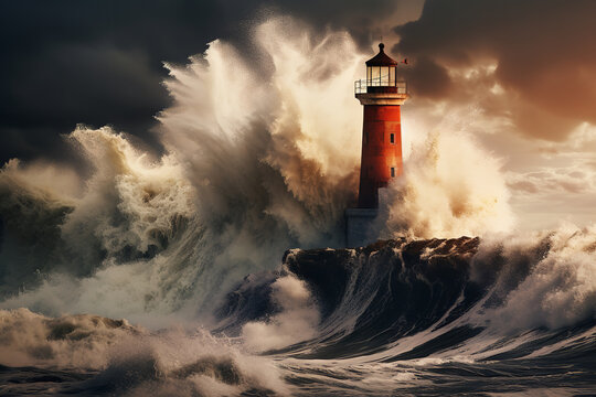 Defiant waves crash upon a sturdy lighthouse, echoing the resilience and fortitude needed to face overwhelming challenges