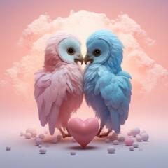 Fototapeta premium A cute, little two baby owls hug each other, a symbol of love. Pastel, creative, animal concept. Valentine's Day, a small owl couple in a pet relationship. Illustration. Generative AI.