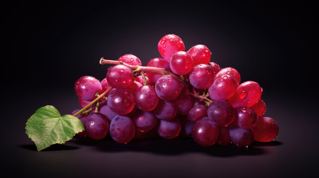 Lush, fresh vibrant red grapes, accompanied by leaves, contrast beautifully against a dramatic black background
