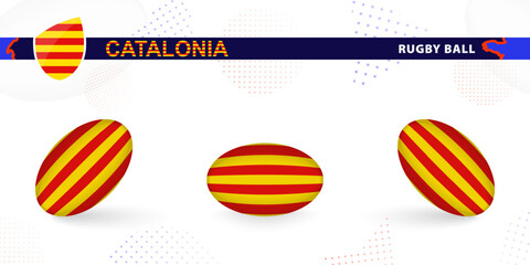 Rugby ball set with the flag of Catalonia in various angles on abstract background.